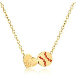 Gold Initial Softball Necklace for Women, Personalized Sports Jewelry Gift
